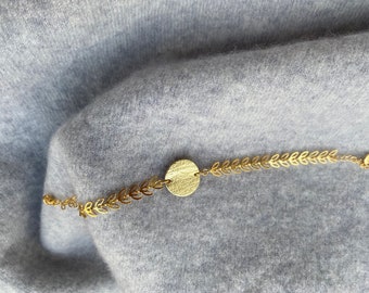 Bracelet chaîne en laiton doré et cuir véritable