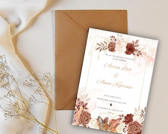 Maroon Flowers with Gold Wedding Invitation, Editable Wedding Invitation Template, Instant Download, Printable Digital Invite