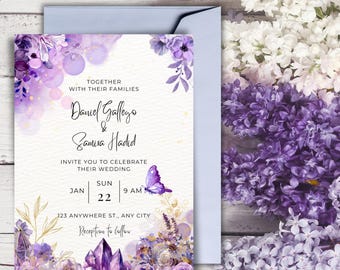 Purple Pink Flower with Purple Crystal Wedding Invitation, Editable Wedding Invitation Template, Instant Download, Printable Editable Invite