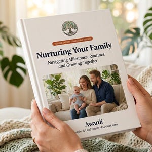 Könnte beinhalten: Ein weißes Buch mit dem Titel Nurturing Your Family: Navigating Milestones, Routines, and Growing Together. Das Cover zeigt ein kreisförmiges Baumlogo, ein Foto einer Familie mit einem Baby und den Autorennamen Awardi unten.