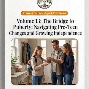 May include: A book cover titled Volume 13: The Bridge to Puberty: Navigating Pre-Teen Changes and Growing Independence. The cover features a circular tree logo, the text Phase 4: School-Age & Pre-Teens, and an image of two adults handing a key to a youth.
