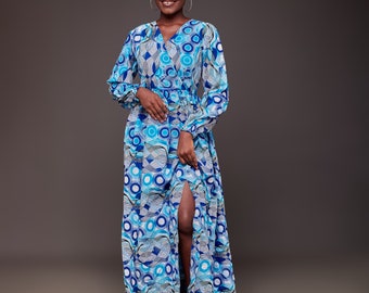 Robe longue en wax bleu ciel - maxi dress - robe avec fente