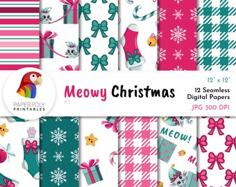 Meowy Christmas Digital Paper, 12 Seamless Holiday Patterns, Pink and Teal With Rich Graphics