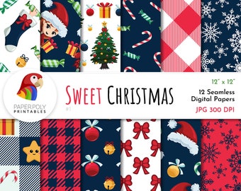 Sweet Christmas Digital Paper, 12 Seamless Holiday Patterns, Red and Blue With Rich Graphics