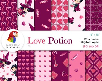 Love Potion Valentine Digital Paper: Seamless Pink & Purple Patterns (Digital Download)