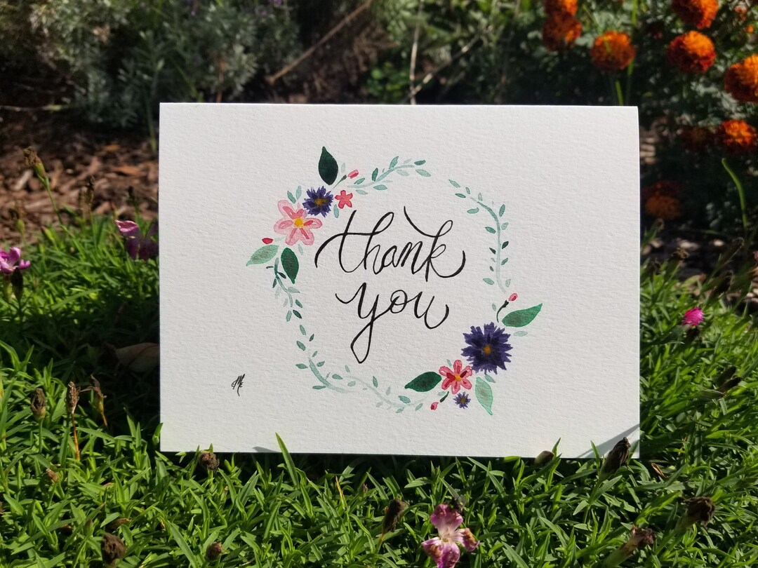 Hand Painted Floral Wreath Watercolor Blank Thank You Card - Etsy