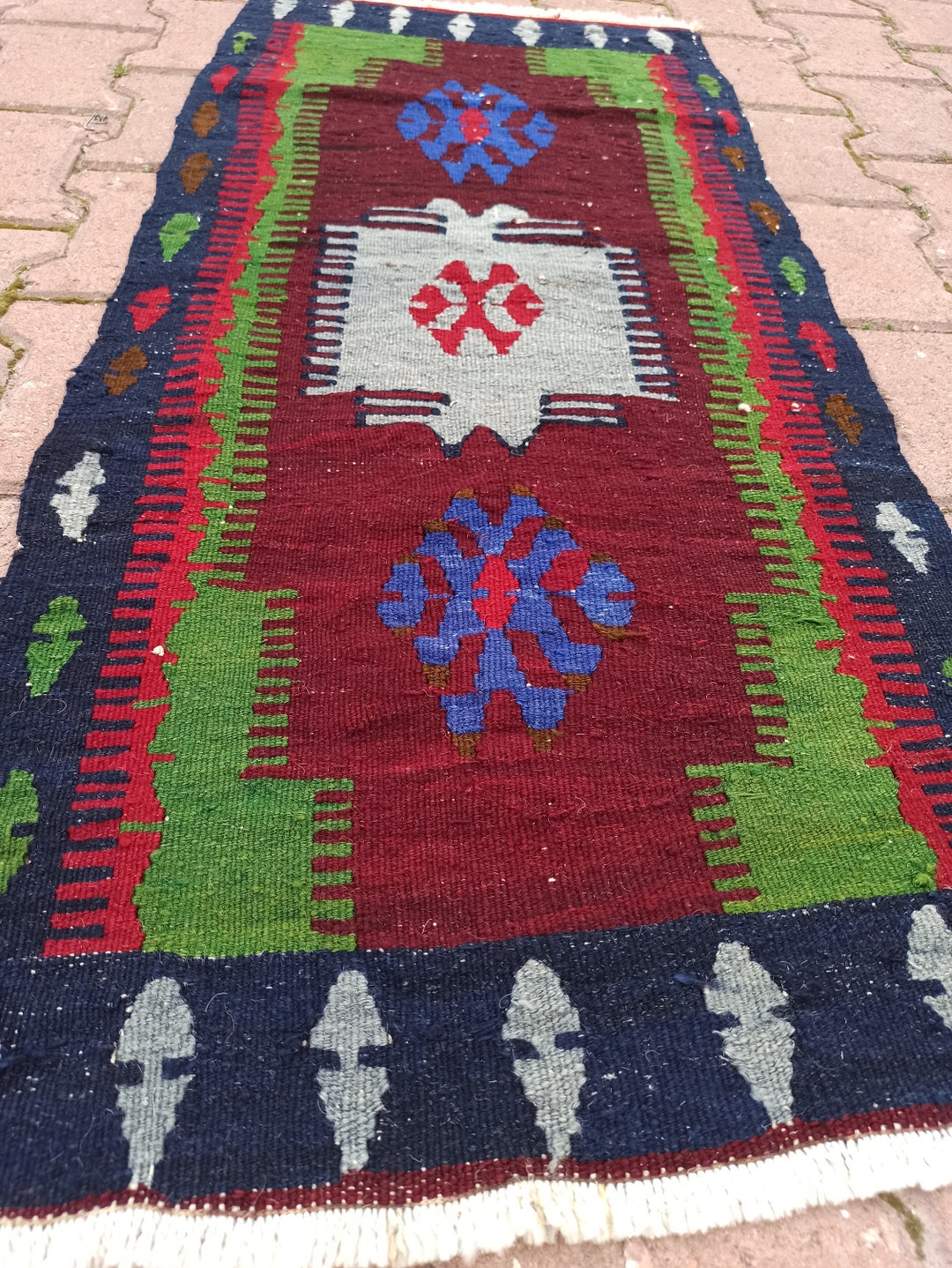 Vintage Door Mat, 3.9x1.7ft, Handmade Green Rug, Accent Rug, Small