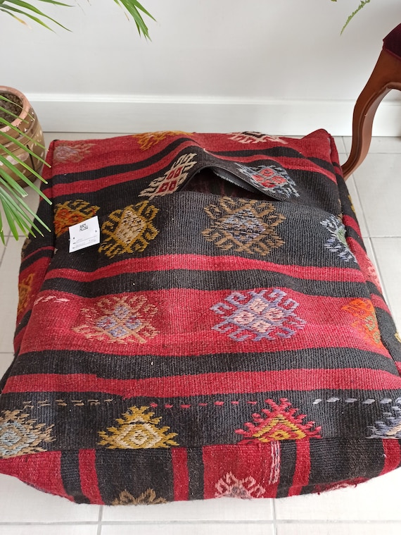 Turkish Kilim Pouff 28x28 Large Boho Floor Cushion Cushion Cover