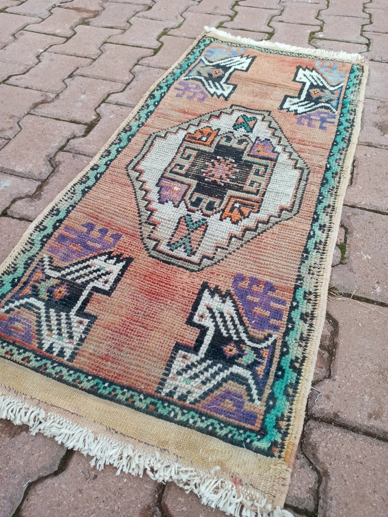 Unique Tribal Entry way Mini Rug Handmade Pastel Bath Mat Small Runner entry rug 3.7x1.7 Turkish Traditional Oushak Vintage Door Mat Rug