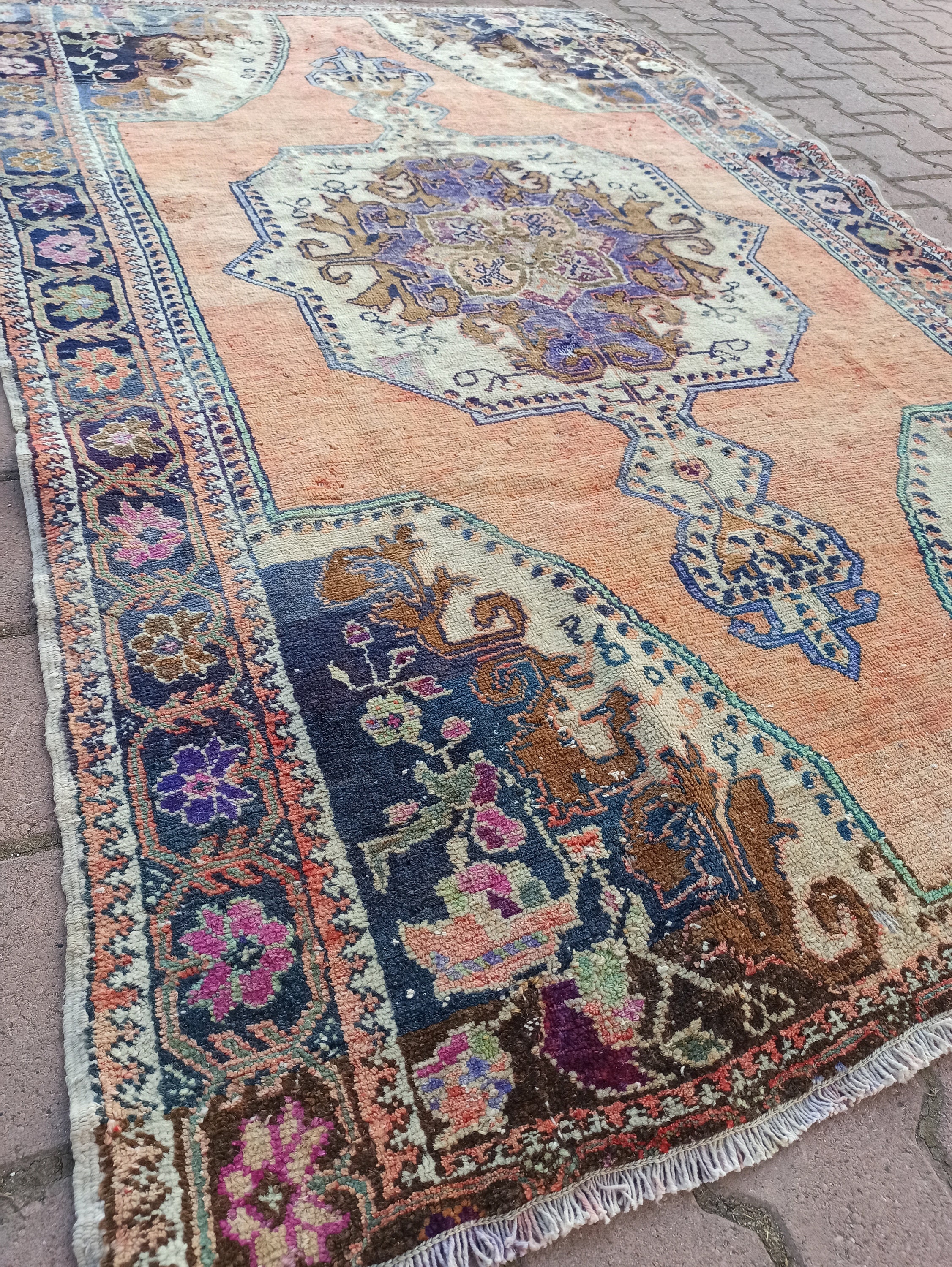 Salmon Area Rug 7.1x4.6ft Antique Rug Blue Accent Rug | Etsy