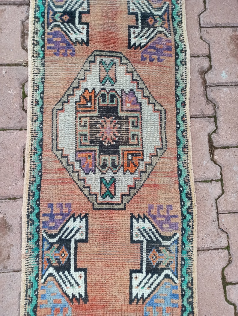 Unique Tribal Entry way Mini Rug Handmade Pastel Bath Mat Small Runner entry rug 3.7x1.7 Turkish Traditional Oushak Vintage Door Mat Rug