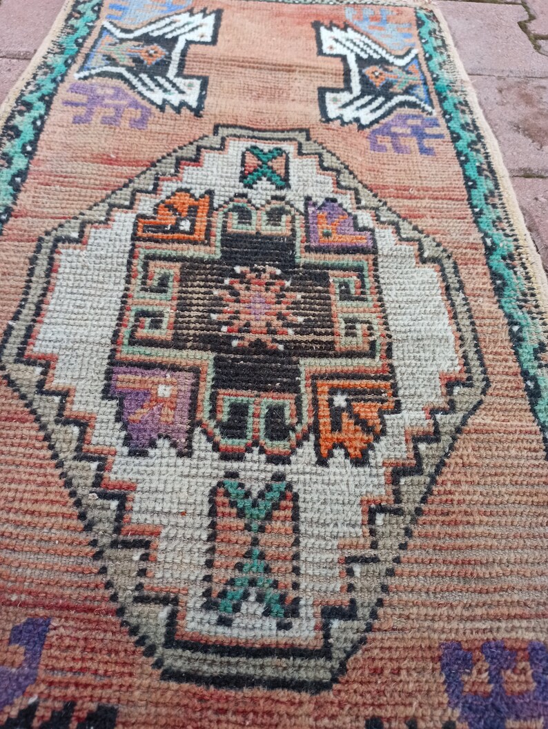 Unique Tribal Entry way Mini Rug Handmade Pastel Bath Mat Small Runner entry rug 3.7x1.7 Turkish Traditional Oushak Vintage Door Mat Rug