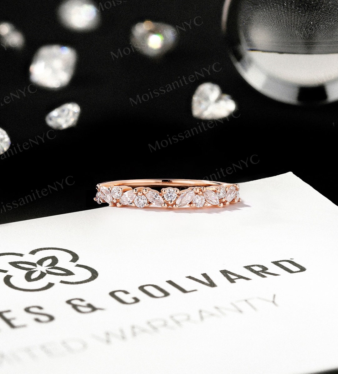 Vintage Marquise Cut Moissanite Diamond Wedding Band Rose Gold Cluster ...