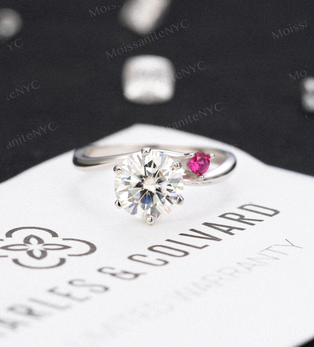 CC Moissanite Engagement Ring White Gold Art Deco Natural Ruby Ring ...