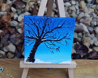 Snow Topped Tree Mini Canvas - original acrylic painting 7cmx7cm canvas (easel not included)