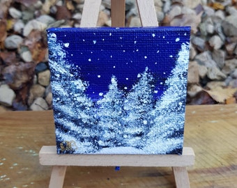 Snow Falls Mini Canvas - original acrylic painting 7cmx7cm canvas (easel not included)