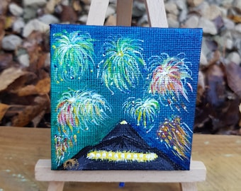 Mini Pyramid Fireworks - Pocket Sized Festival - original acrylic painting on 7cmx7cm canvas - Inspired by Glastonbury Festival