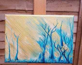 Cool Turquoise Shimmering Forest - original acrylic painting on A5 canvas