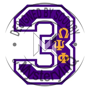 May include: Purple and white octagon-shaped design with the number "3" in white and the text "Designed by Scooby of Mystery Inc." around the outside. The number "3" has a purple outline and the letters "Psi Phi Omega" in gold inside the number.