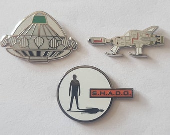 Set Of 3 Gerry Anderson TV Series UFO SHADO Interceptor + Alien Craft Metal & Hard Enamel Lapel Tie Tac Pin Logo Badge