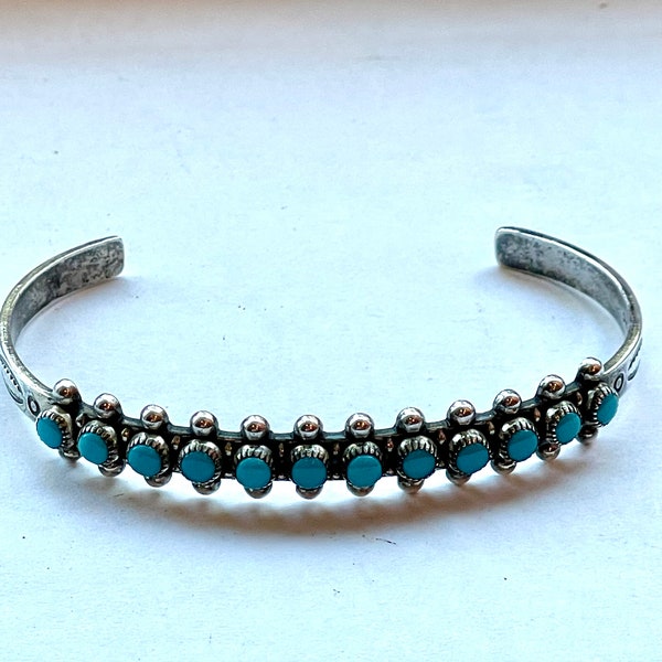 Beautiful Early Pwn ( Famous Bell Trading Hallmark ) Petit Point Sterling and Turquoise Cuff Bracelet. This is the Real Deal.
