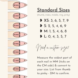May include: Sizing chart for nail tips, showing different sizes in millimeters. The chart includes standard sizes for thumb, index, middle, ring, and pinky fingers. It also provides instructions on how to measure your nail size and convert it to the chart's sizing system.