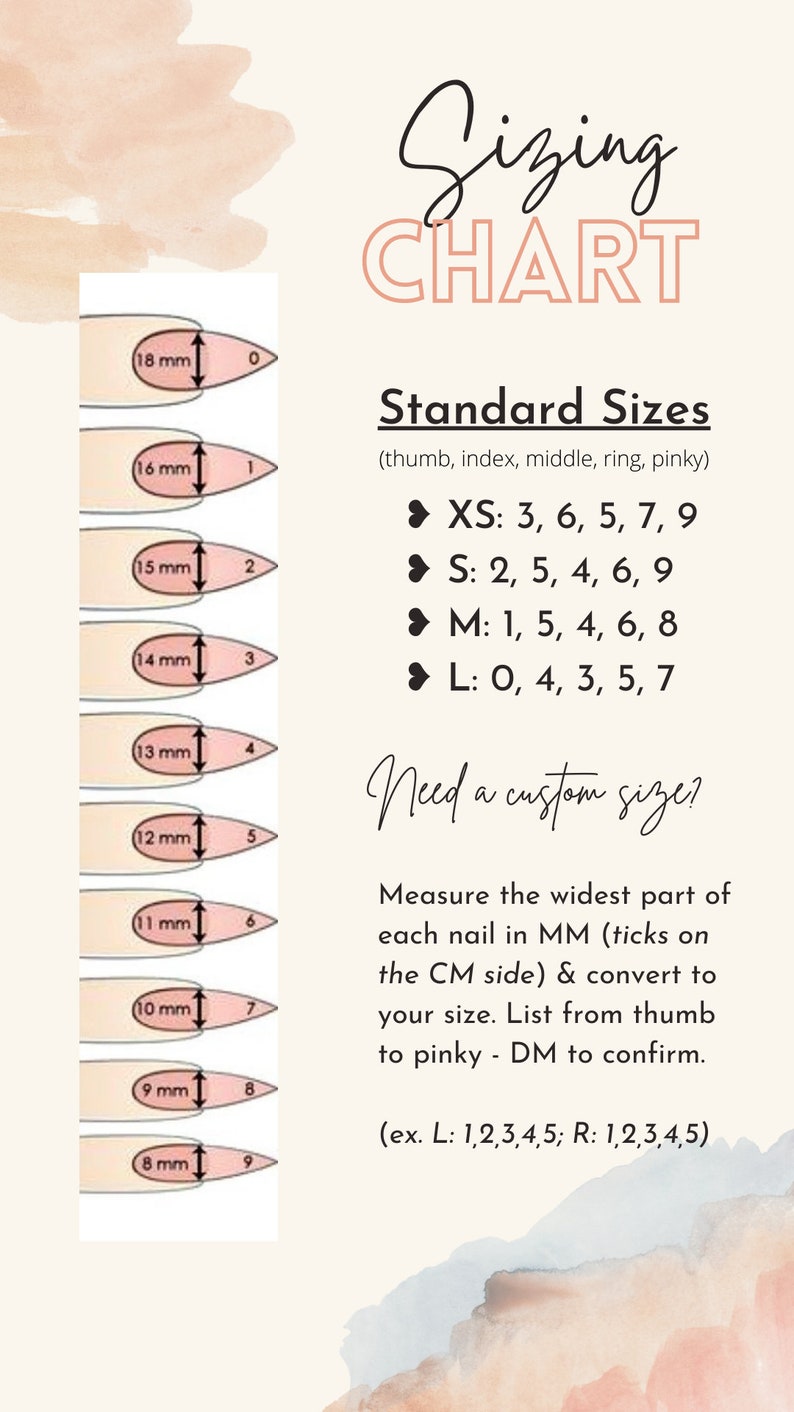 K&ouml;nnte beinhalten: Gr&ouml;&szlig;entabelle f&uuml;r Nagelspitzen, die verschiedene Gr&ouml;&szlig;en in Millimetern zeigt. Die Tabelle enth&auml;lt Standardgr&ouml;&szlig;en f&uuml;r Daumen, Zeigefinger, Mittelfinger, Ringfinger und kleinen Finger. Sie enth&auml;lt auch Anweisungen, wie Sie Ihre Nagelgr&ouml;&szlig;e messen und in das Gr&ouml;&szlig;ensystem der Tabelle umrechnen.