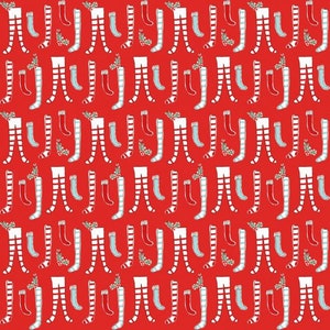 Peut inclure: Un fond rouge avec un motif répétitif de bas rayés blanc et rouge, de bas rouges et de bas bleus. Les bas sont disposés en un motif vertical avec le haut des bas en haut de l'image et les orteils des bas en bas de l'image.