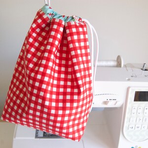 Drawstring Wash Bag - Toiletry Bag with Waterproof Lining - Riley Blake Fabric - Quilt Fair (Red Gingham) - Small - Medium - Handmade