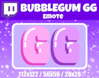 May include: A Twitch emote featuring the letters "GG" in a bubblegum style. The letters are pink and purple with white outlines. The emote is available in three sizes: 112x122, 56x56, and 28x28.