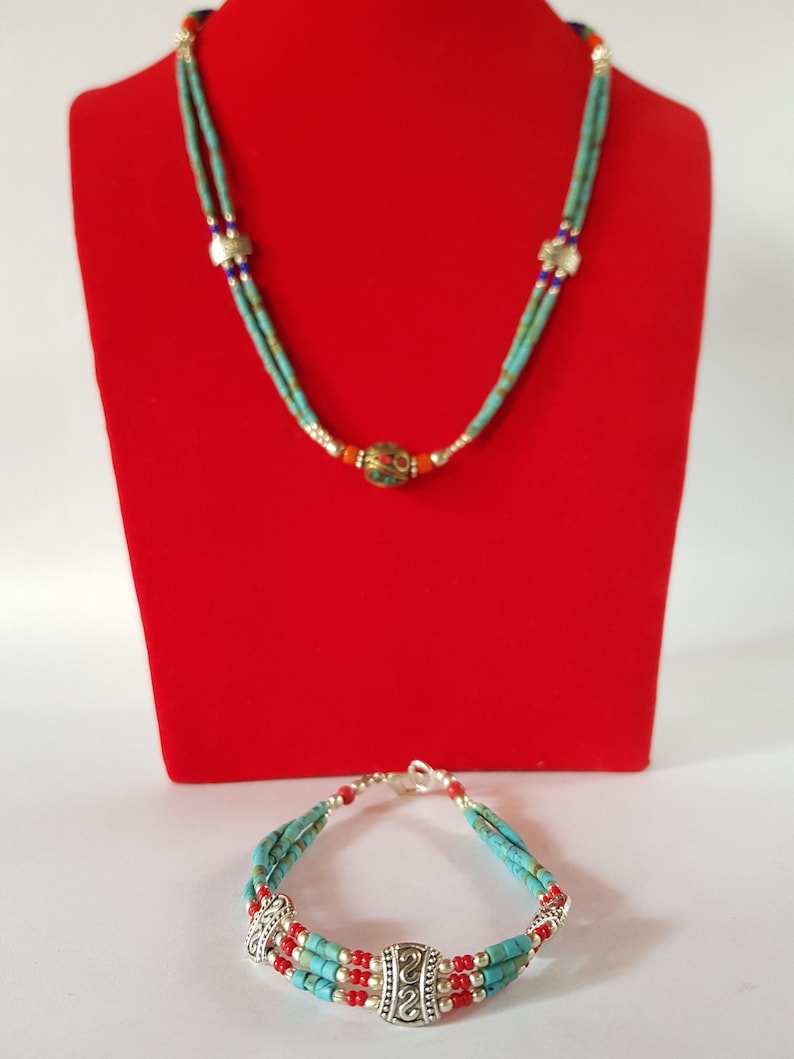 Turquoise and Coral necklace and Bracelet Lapis Necklace and Bracelet from Himalayan Traditional Ethnic Handmade 4 Combo-Turquoise,Coral
