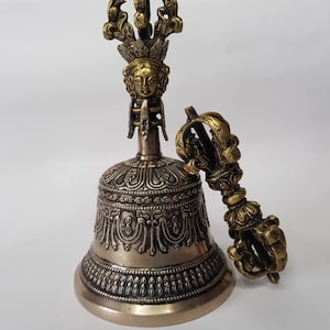 7.3inch Antique Monastery Tibetan Bell | Carved with Dorje & Buddhist Mantra | Handmade in Nepal