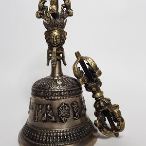 7.3inch Antique Monastery Tibetan  Bell | Carved with Buddha, Dorje & Buddhist Mantra | Handmade in Nepal