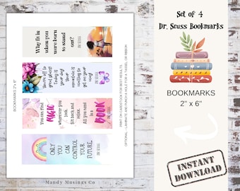Dr. Seuss Quote Bookmark Set (4) | Inspirational Reading Favors | Classroom Prizes | Book Lover Gift