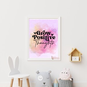 Grow Positive Thoughts Wall Art | Pink Positive Quote Wall Art | Girls Bedroom Decor | Growth Mindset Wall Art | Inspirational Wall Decor