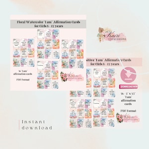 Cartes de vœux aquarelle 2 x 3,5 po. pour filles 8-12 ans | Je suis affirmation | Autonomisation des jeunes filles | Mots positifs