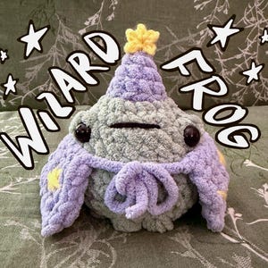 May include: A handmade crochet frog in a wizard hat. The frog is primarily gray with a purple hat and cape, and a yellow star on top. The text "WIZARD FROG" is written above the frog in a cartoon style.