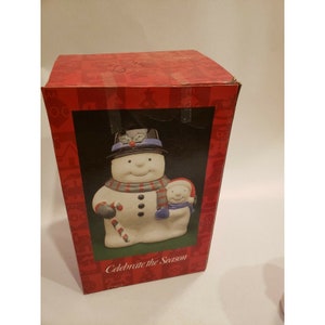 VINTAGE Celebrate The Season Ceramic Snowman Cookie Jar Christmas Holiday Decor