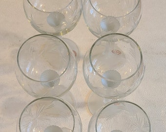 Frosted Stem Etched Crystal Wine Glasses Floral Design 8oz Set of 6