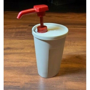 Vintage Tupperware Almond Condiment Dispenser 640-8 With Red Pump