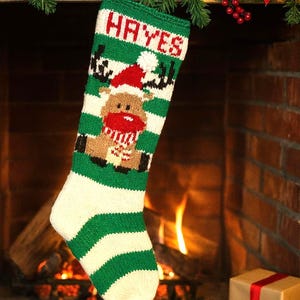 Handmade Knit Personalized Christmas Stocking Striped Reindeer