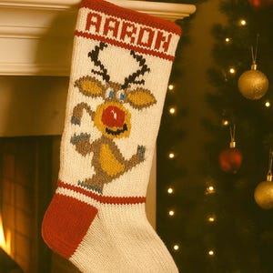 Handmade Knit Personalized Christmas Stocking Rudolph