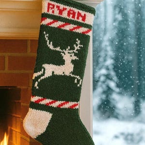 Handmade Knit Personalized Christmas Stocking Flying Reindeer
