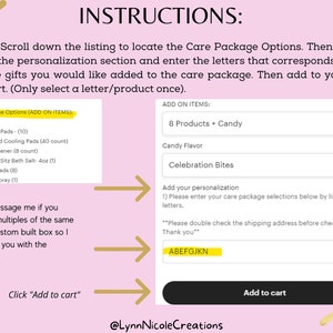 May include: An instructional graphic on a light pink background with gold accents. It displays a list of care package options, a dropdown menu for product selection, a candy flavour menu, and a text box for personalisation with the letters ABEFGJKN.