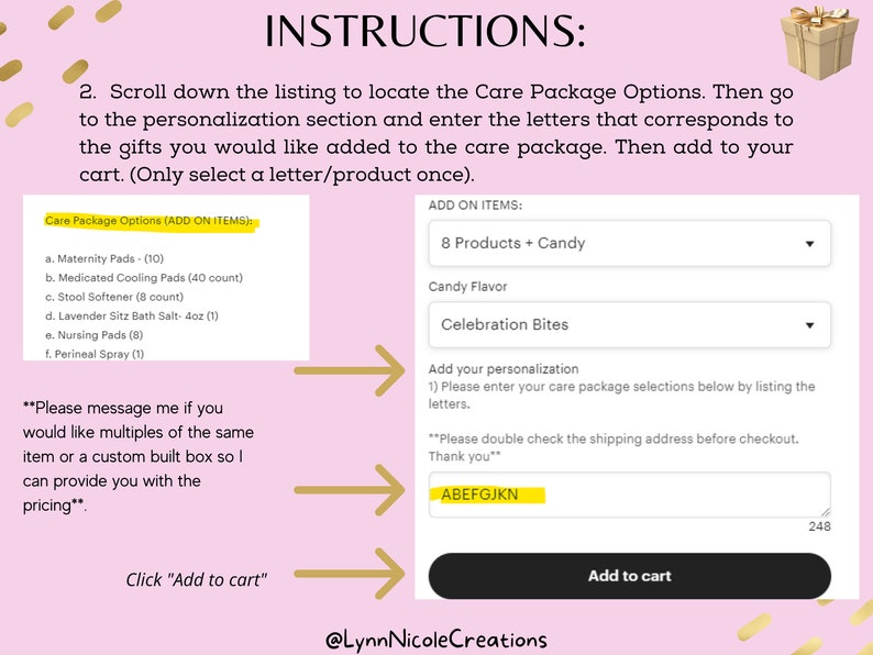 May include: An instructional graphic on a light pink background with gold accents. It displays a list of care package options, a dropdown menu for product selection, a candy flavour menu, and a text box for personalisation with the letters ABEFGJKN.
