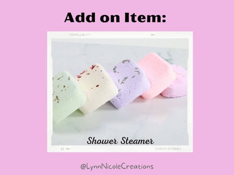 May include: Five different colored shower steamers, arranged in a row on a white marble surface. The steamers are square shaped and have a variety of dried flowers and herbs embedded in them. The text "Shower Steamer" is visible below the steamers, and the text "@LynnNicoleCreations" is visible below that.
