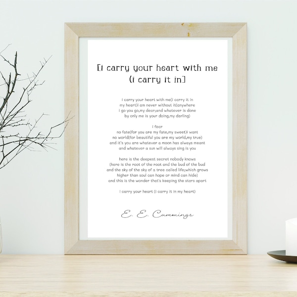 I Carry Your Heart, I Carry Your Heart With Me, EE Cummings, Poem, Love, American Poet, A4 PDF JPG, digital instant download