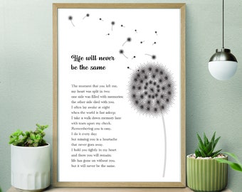 Life Will Never Be the Same Grief Quote, Poem, Printable, Sympathy, Bereavement Messages, Digital Instant Download | Re-sizeable | JPG | PDF