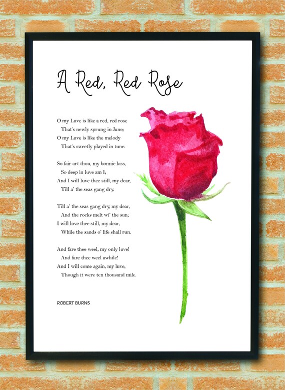 A Red Red Rose By Robert Burns Poem Print, Poem Wall Art, Poem.