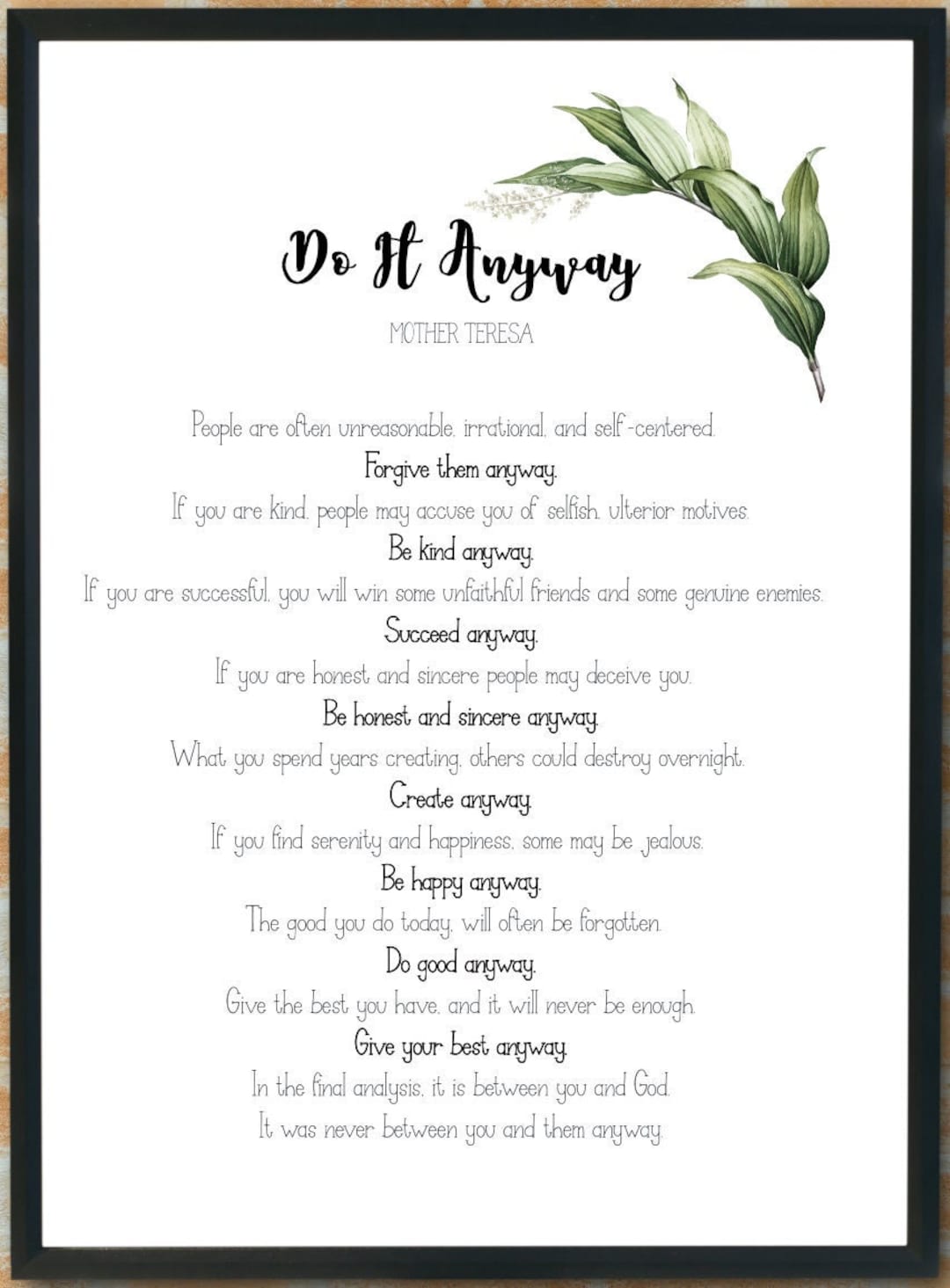 Do It Anyway Mother Teresa Digital Printable Poem A4 Etsy